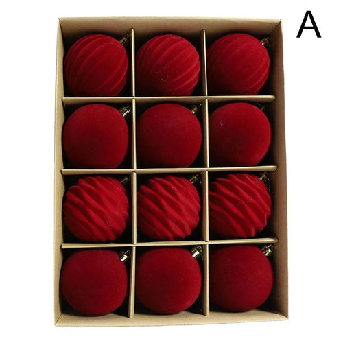 12Pcs Set 8cm Christmas Ball Ornaments Velvet Xmas Tree Decorations Plush Balls - Red - 1