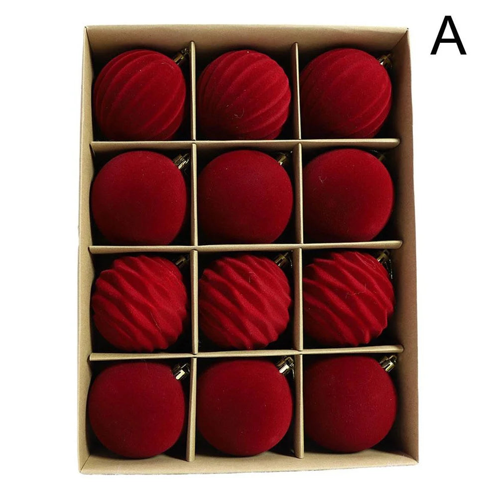 12Pcs Set 8cm Christmas Ball Ornaments Velvet Xmas Tree Decorations Plush Balls - Red - 1