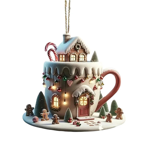 Christmas Mug House Ornament Acrylic Hanging Decoration Winter Village Scene Xmas Tree Ornament - 1