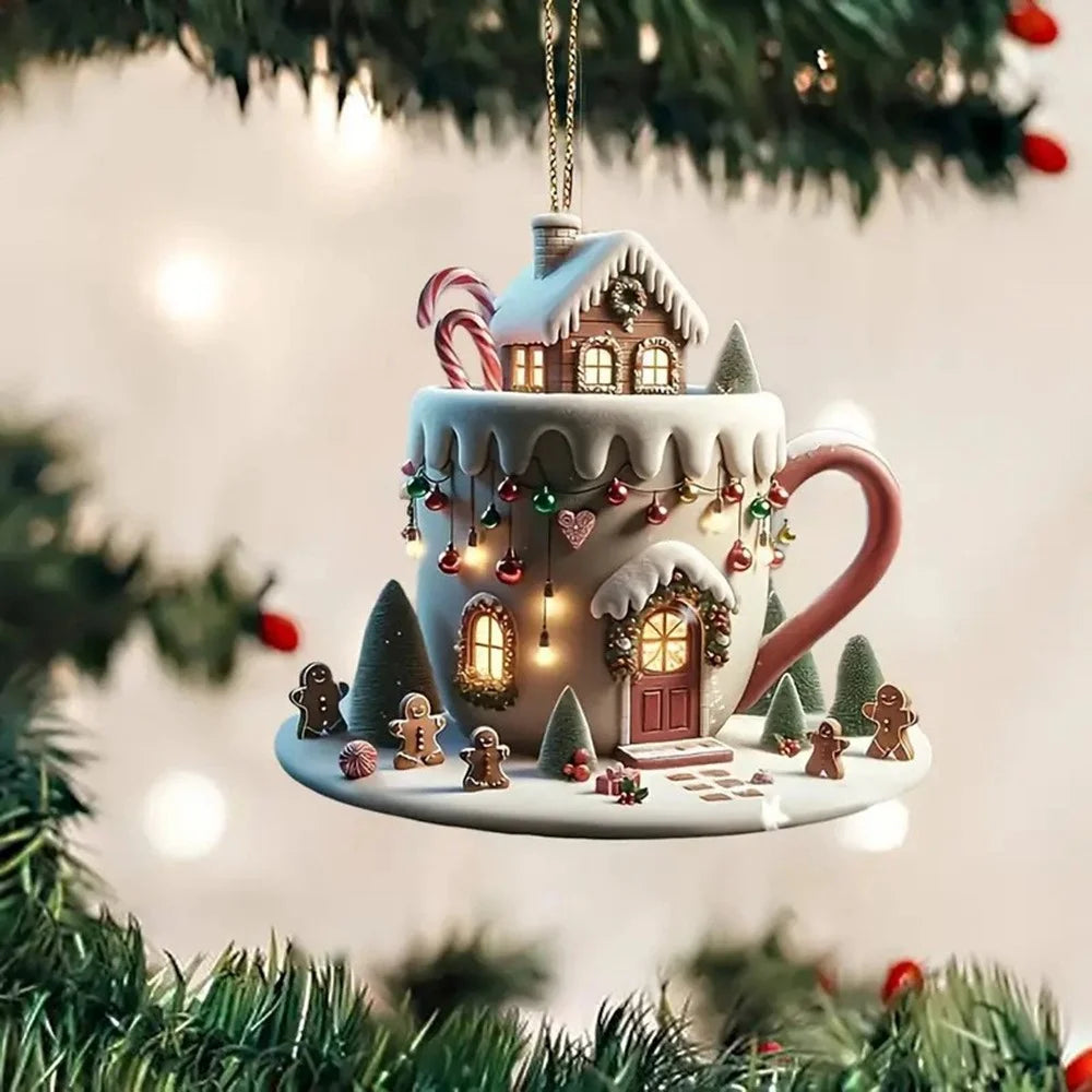 Christmas Mug House Ornament Acrylic Hanging Decoration Winter Village Scene Xmas Tree Ornament - 2