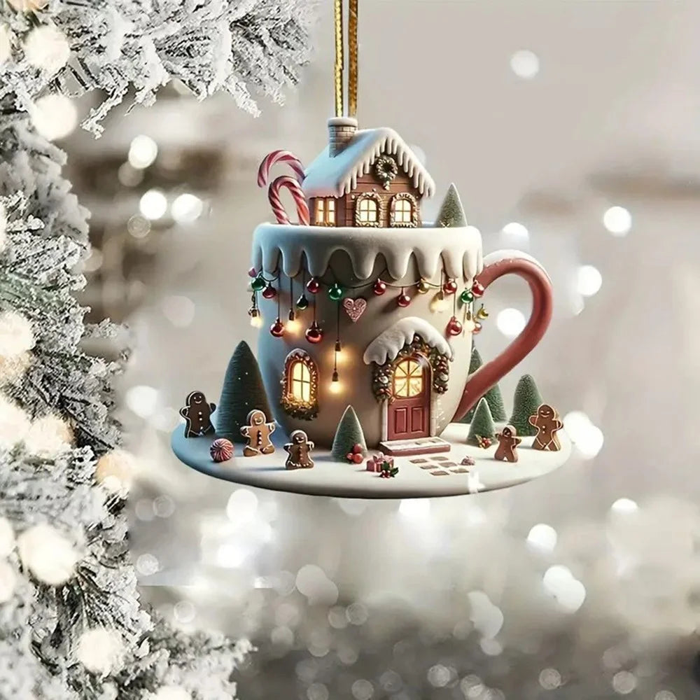 Christmas Mug House Ornament Acrylic Hanging Decoration Winter Village Scene Xmas Tree Ornament - 3