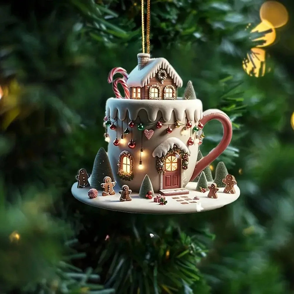 Christmas Mug House Ornament Acrylic Hanging Decoration Winter Village Scene Xmas Tree Ornament - 4