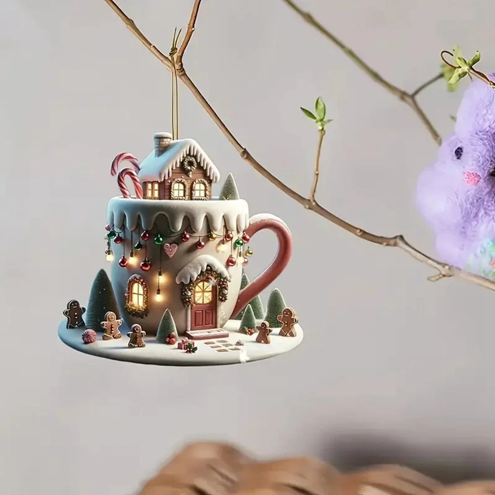 Christmas Mug House Ornament Acrylic Hanging Decoration Winter Village Scene Xmas Tree Ornament - 5