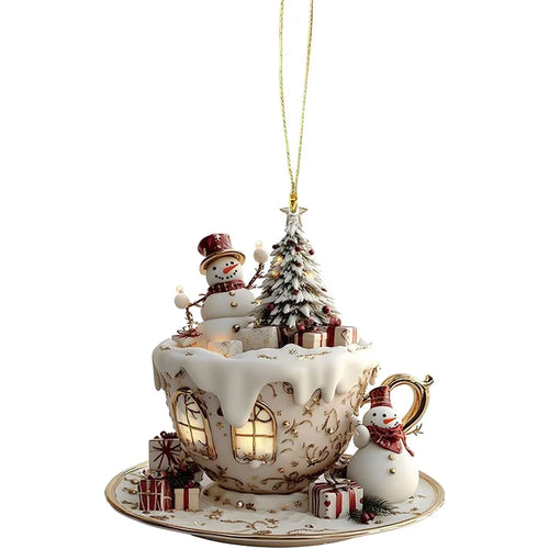 2D Acrylic Christmas Snowman Ornament Teacup Design Christmas Tree Hanging Decoration - 1