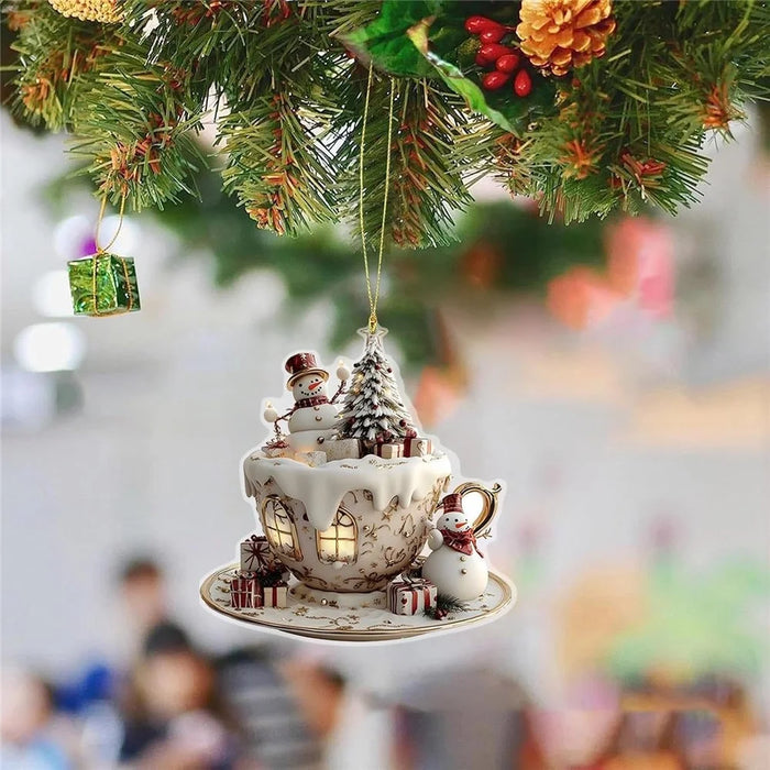 2D Acrylic Christmas Snowman Ornament Teacup Design Christmas Tree Hanging Decoration - 5