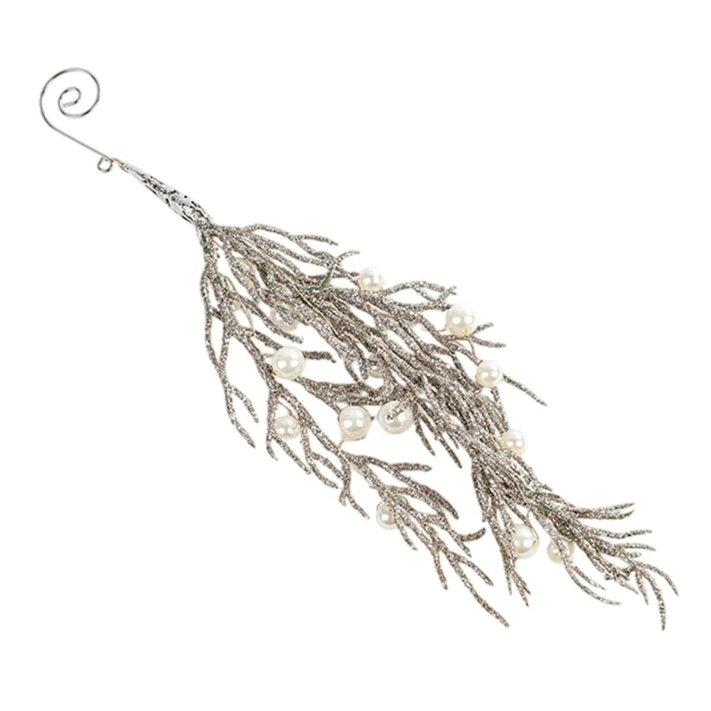 15cm Faux Pearl Adorned Shimmer Cedar Leaf Christmas Ornament Xmas Tree Hanging Decoration - Champagne - 1