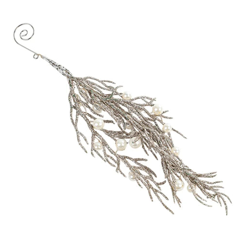 15cm Faux Pearl Adorned Shimmer Cedar Leaf Christmas Ornament Xmas Tree Hanging Decoration - Champagne - 1