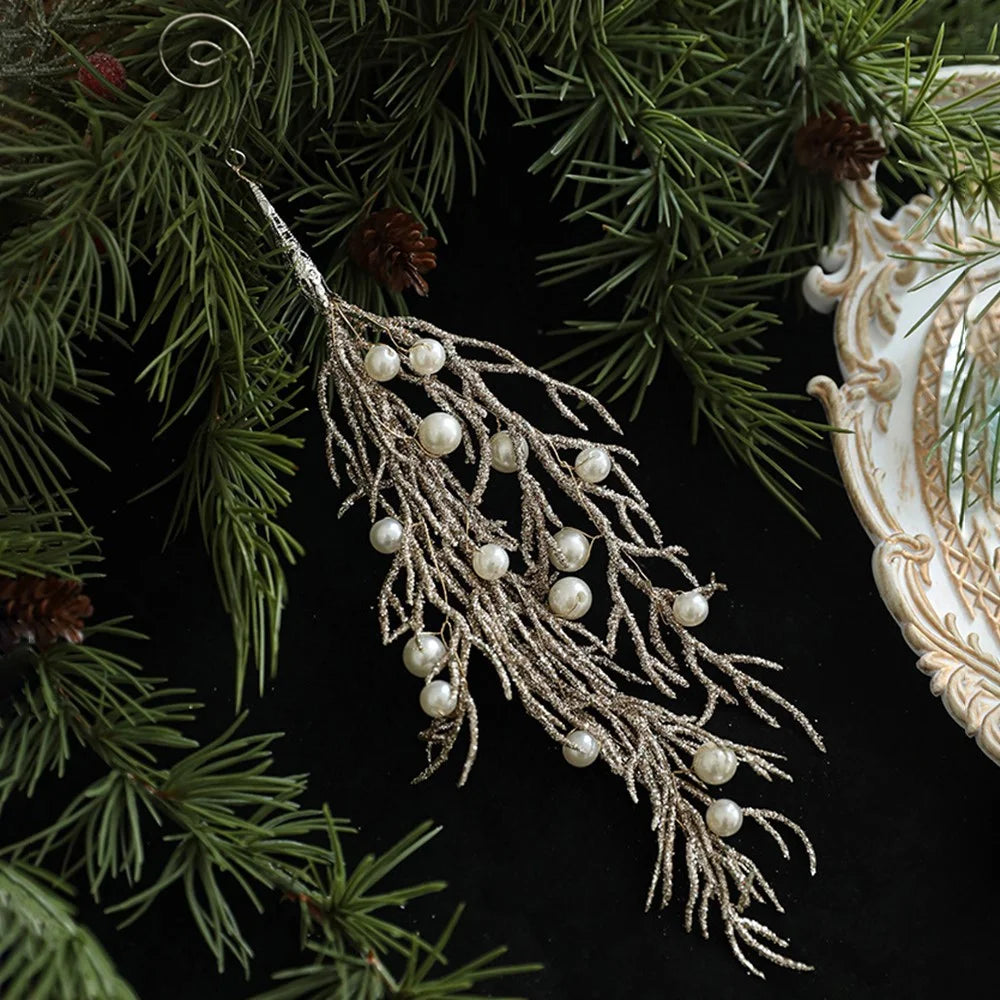 15cm Faux Pearl Adorned Shimmer Cedar Leaf Christmas Ornament Xmas Tree Hanging Decoration - Champagne - 2