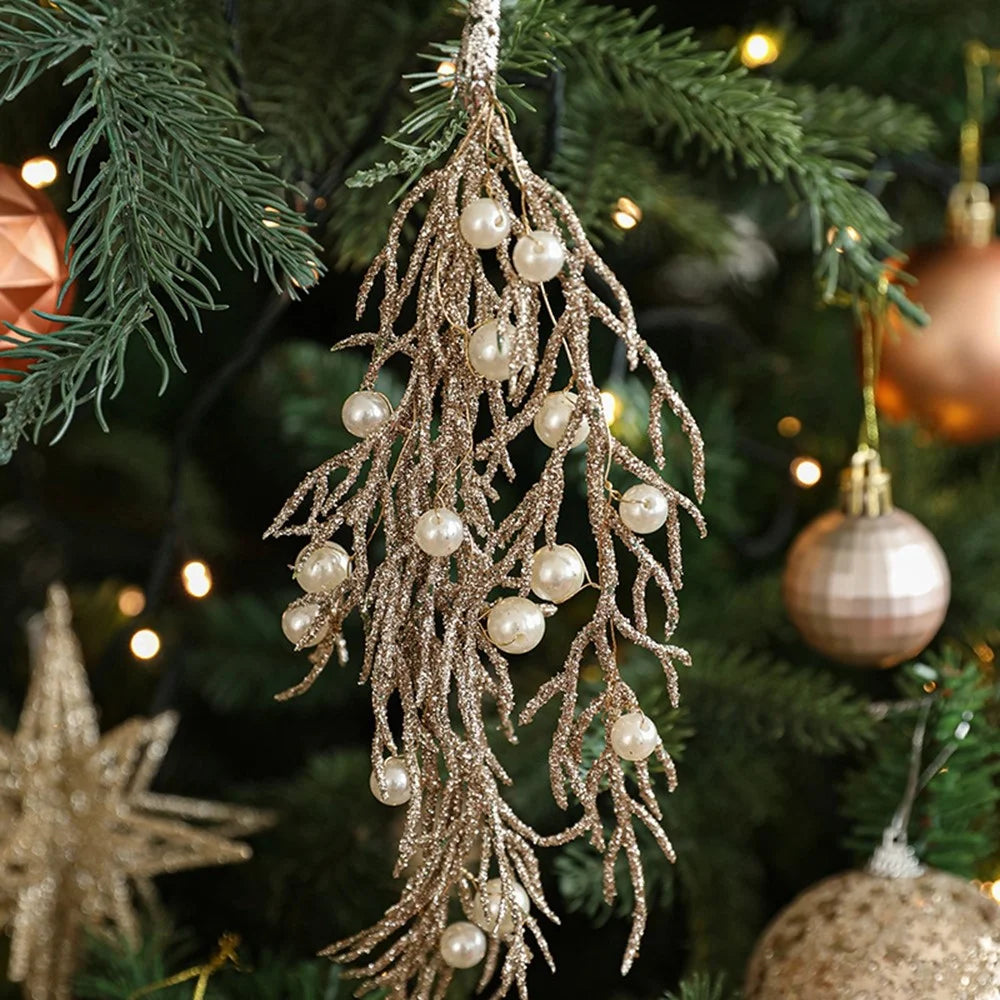 15cm Faux Pearl Adorned Shimmer Cedar Leaf Christmas Ornament Xmas Tree Hanging Decoration - Champagne - 3