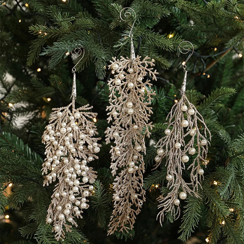 15cm Faux Pearl Adorned Shimmer Cedar Leaf Christmas Ornament Xmas Tree Hanging Decoration - Champagne - 4