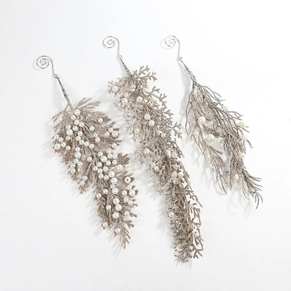15cm Faux Pearl Adorned Shimmer Cedar Leaf Christmas Ornament Xmas Tree Hanging Decoration - Champagne - 6