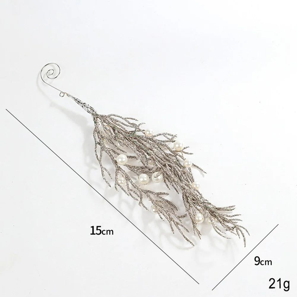 15cm Faux Pearl Adorned Shimmer Cedar Leaf Christmas Ornament Xmas Tree Hanging Decoration - Champagne - 7