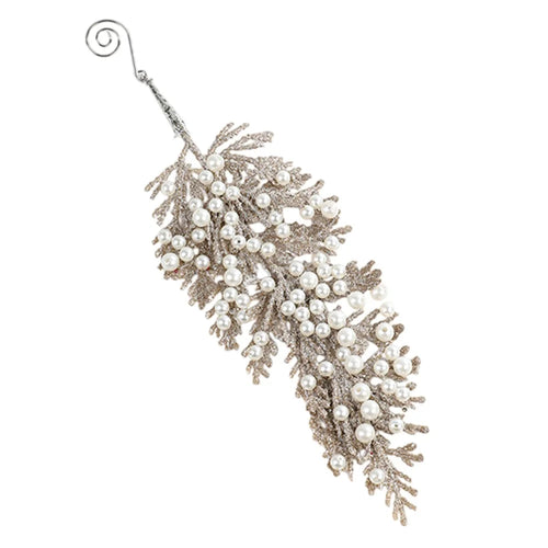 28cm Faux Pearl Adorned Shimmer Cedar Leaf Christmas Ornament Xmas Tree Hanging Decoration - Champagne - 1