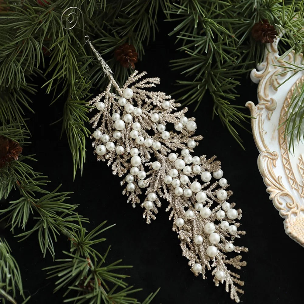 28cm Faux Pearl Adorned Shimmer Cedar Leaf Christmas Ornament Xmas Tree Hanging Decoration - Champagne - 2