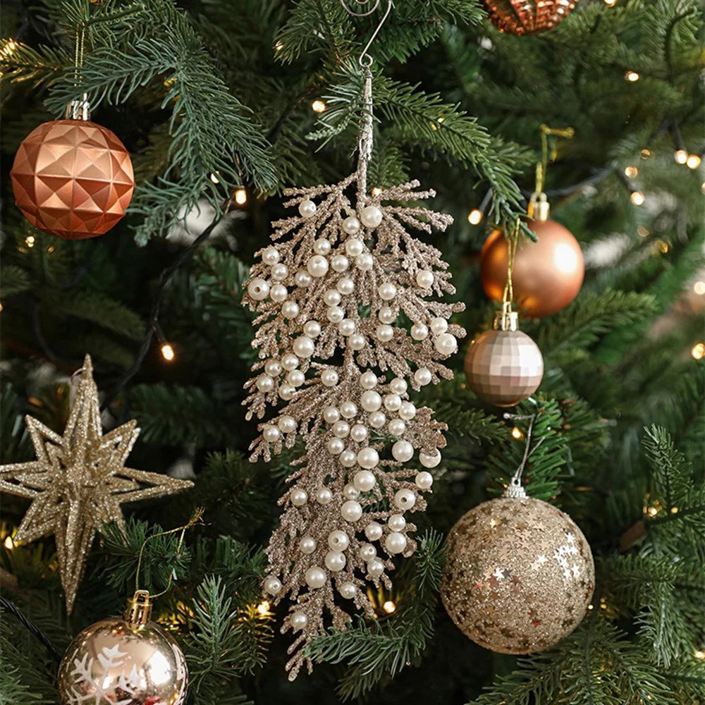 28cm Faux Pearl Adorned Shimmer Cedar Leaf Christmas Ornament Xmas Tree Hanging Decoration - Champagne - 3
