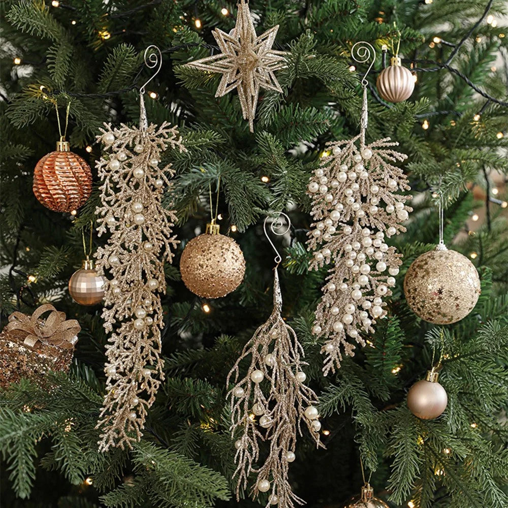 28cm Faux Pearl Adorned Shimmer Cedar Leaf Christmas Ornament Xmas Tree Hanging Decoration - Champagne - 5
