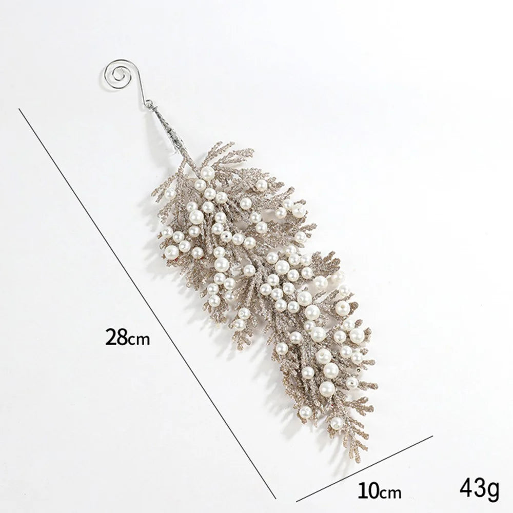 28cm Faux Pearl Adorned Shimmer Cedar Leaf Christmas Ornament Xmas Tree Hanging Decoration - Champagne - 7