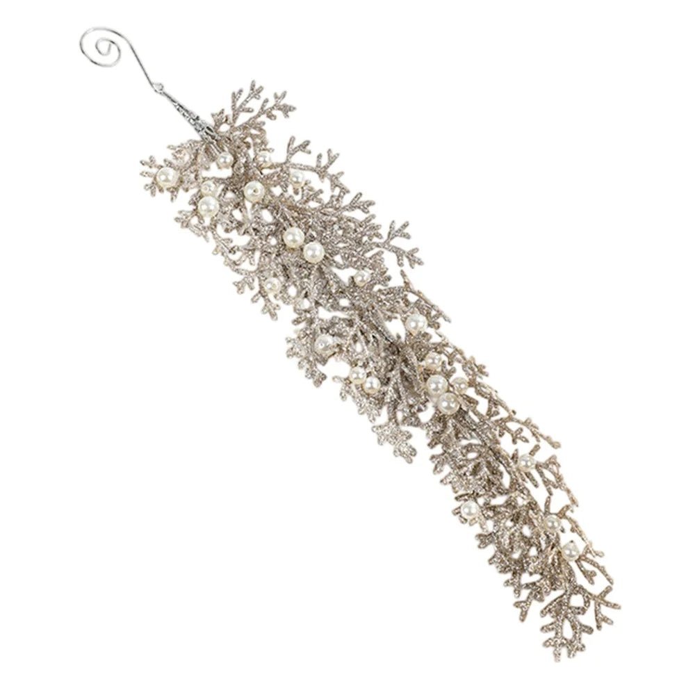 33cm Long Cedar Leaf Christmas Ornament with Faux Pearl Adorned Shimmer Xmas Tree Hanging Decoration - Champagne - 1