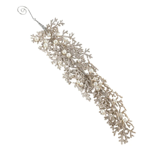 33cm Long Cedar Leaf Christmas Ornament with Faux Pearl Adorned Shimmer Xmas Tree Hanging Decoration - Champagne - 1