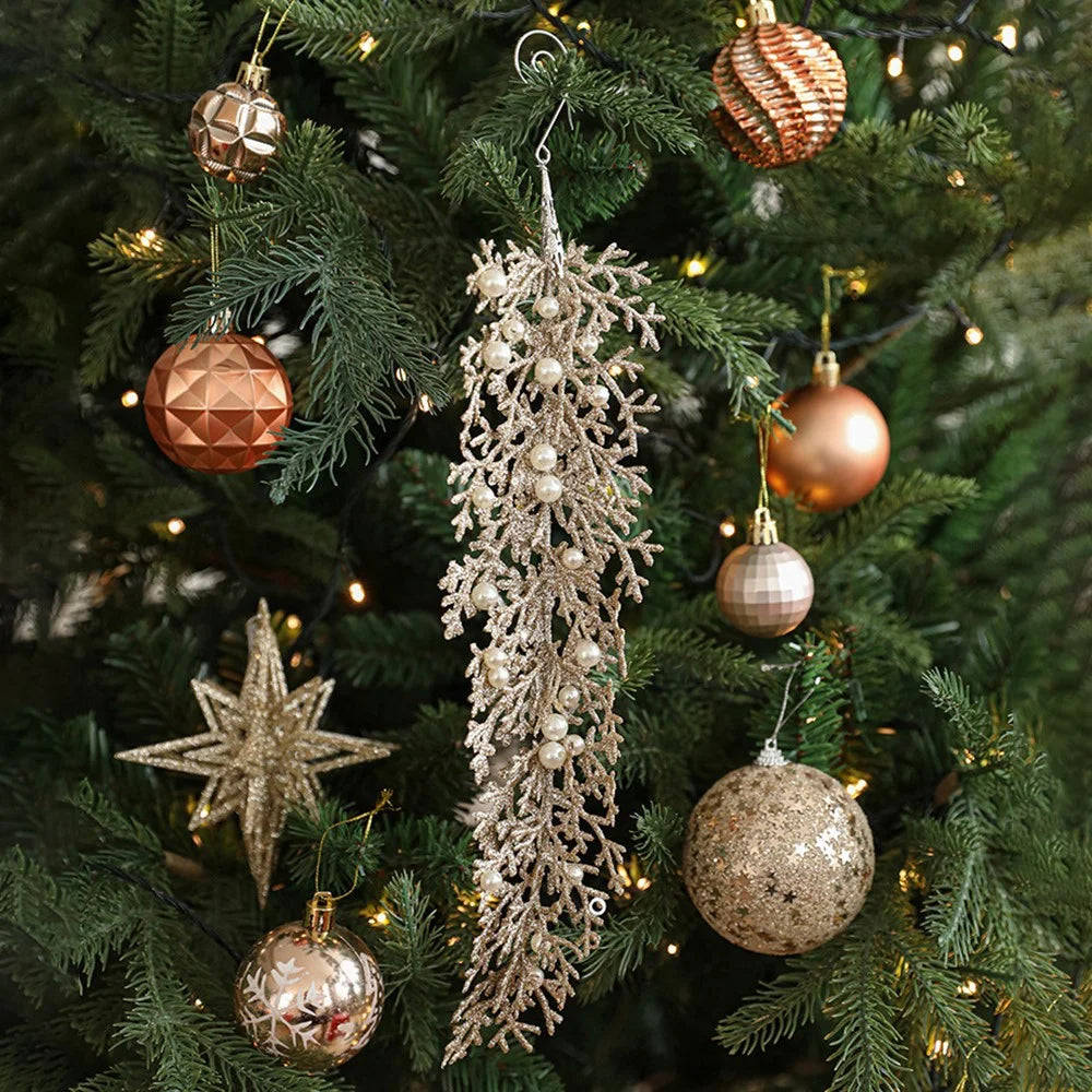 33cm Long Cedar Leaf Christmas Ornament with Faux Pearl Adorned Shimmer Xmas Tree Hanging Decoration - Champagne - 2
