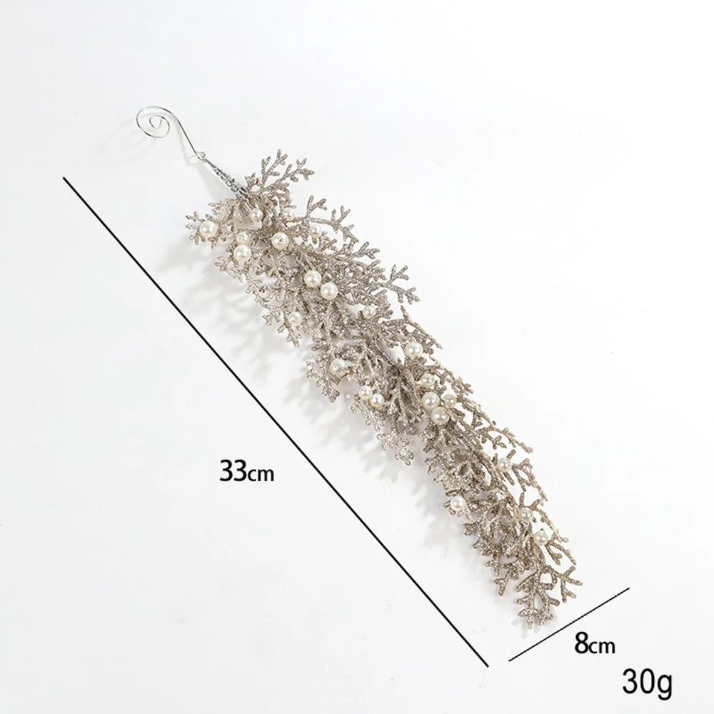 33cm Long Cedar Leaf Christmas Ornament with Faux Pearl Adorned Shimmer Xmas Tree Hanging Decoration - Champagne - 6