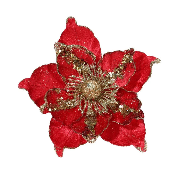 Nordic Style Christmas Artificial Flower Decoration with Glitter Sequins Xmas Tree Ornament - Red - 1