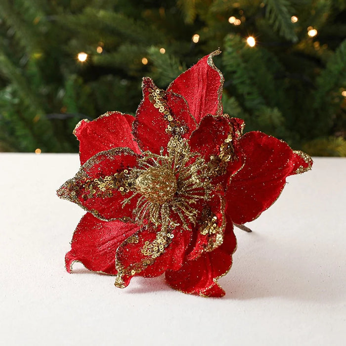 Nordic Style Christmas Artificial Flower Decoration with Glitter Sequins Xmas Tree Ornament - Red - 2