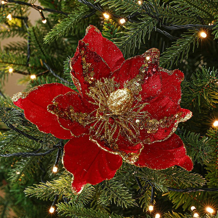 Nordic Style Christmas Artificial Flower Decoration with Glitter Sequins Xmas Tree Ornament - Red - 3