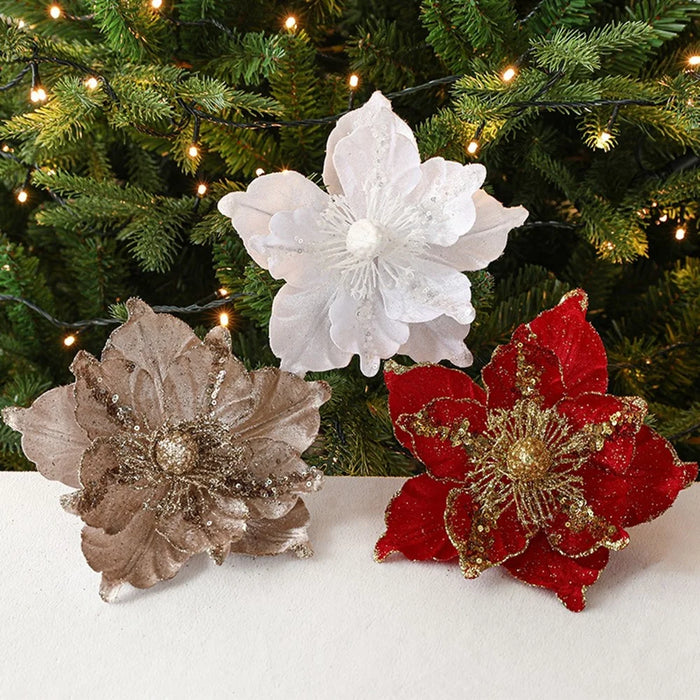 Nordic Style Christmas Artificial Flower Decoration with Glitter Sequins Xmas Tree Ornament - Red - 4