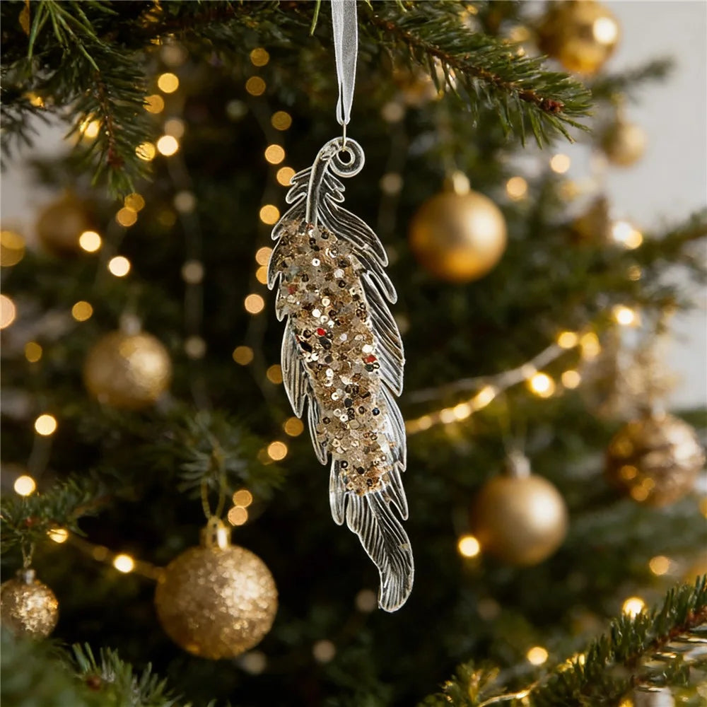 Christmas Feather Ornament Transparent Acrylic Hanging Decoration with Sequins Xmas Tree Ornament - 2
