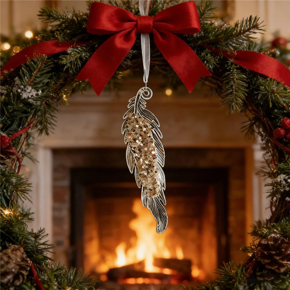 Christmas Feather Ornament Transparent Acrylic Hanging Decoration with Sequins Xmas Tree Ornament - 3