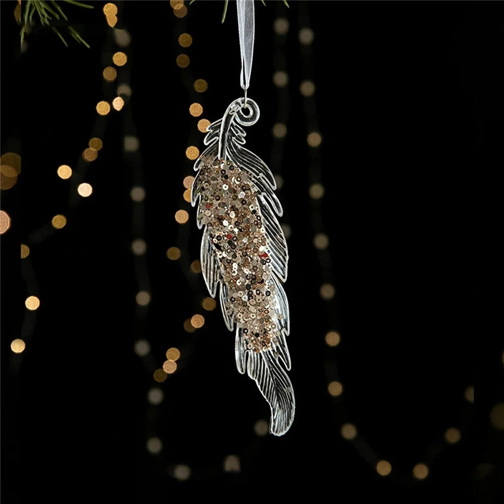 Christmas Feather Ornament Transparent Acrylic Hanging Decoration with Sequins Xmas Tree Ornament - 6