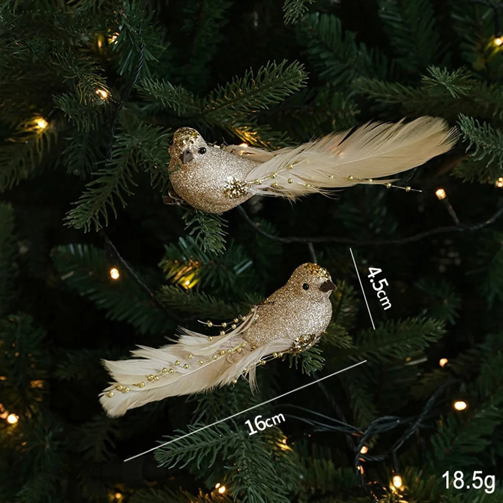 2Pcs Small Size Artificial Bird Clip Ornament for Christmas Tree Decoration Glitter Feather Bird - Gold - 1