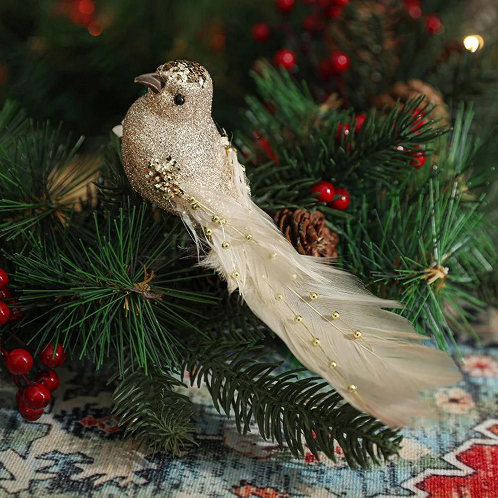 2Pcs Small Size Artificial Bird Clip Ornament for Christmas Tree Decoration Glitter Feather Bird - Gold - 2