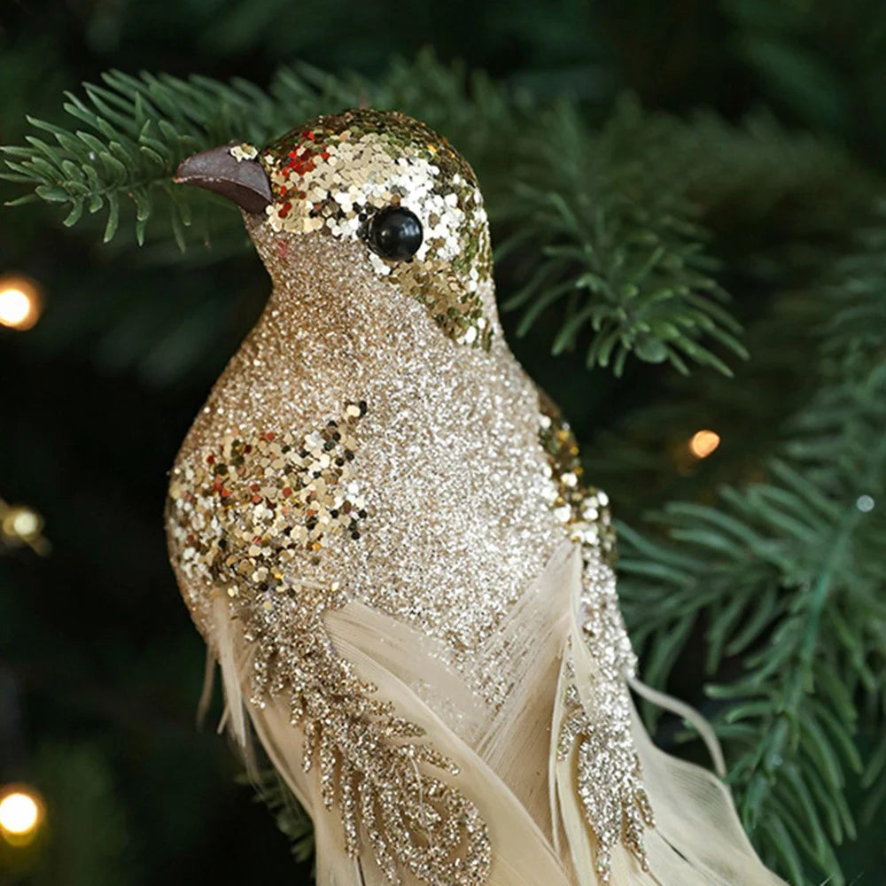 2Pcs Small Size Artificial Bird Clip Ornament for Christmas Tree Decoration Glitter Feather Bird - Gold - 3