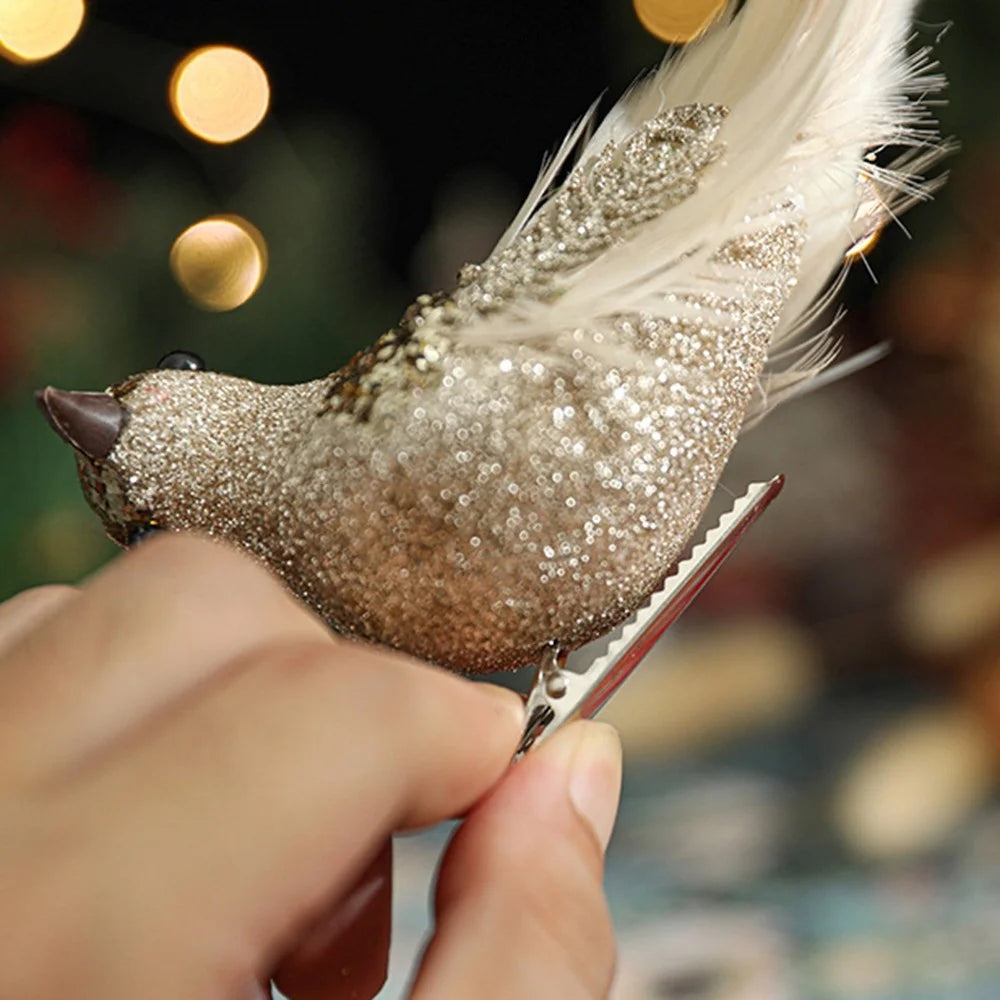 2Pcs Small Size Artificial Bird Clip Ornament for Christmas Tree Decoration Glitter Feather Bird - Gold - 4