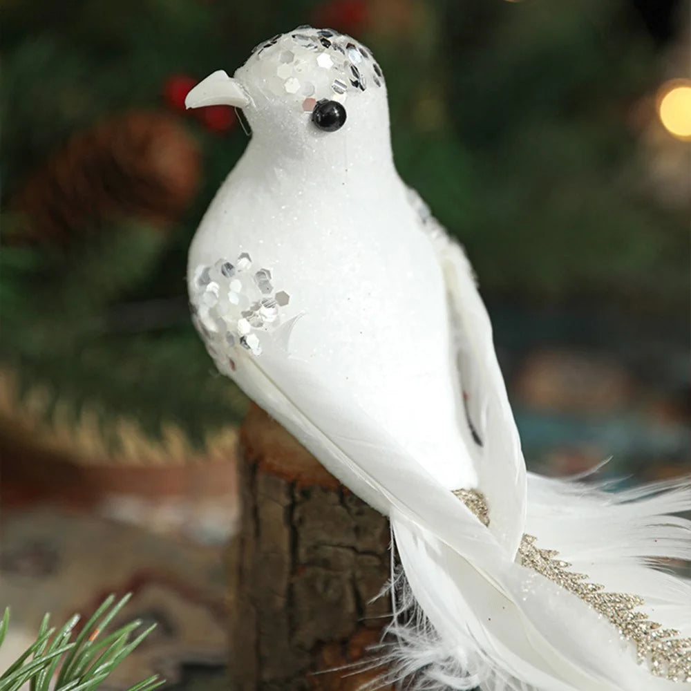 2Pcs Small Size Artificial Bird Clip Ornament for Christmas Tree Decoration Glitter Feather Bird - Gold - 5