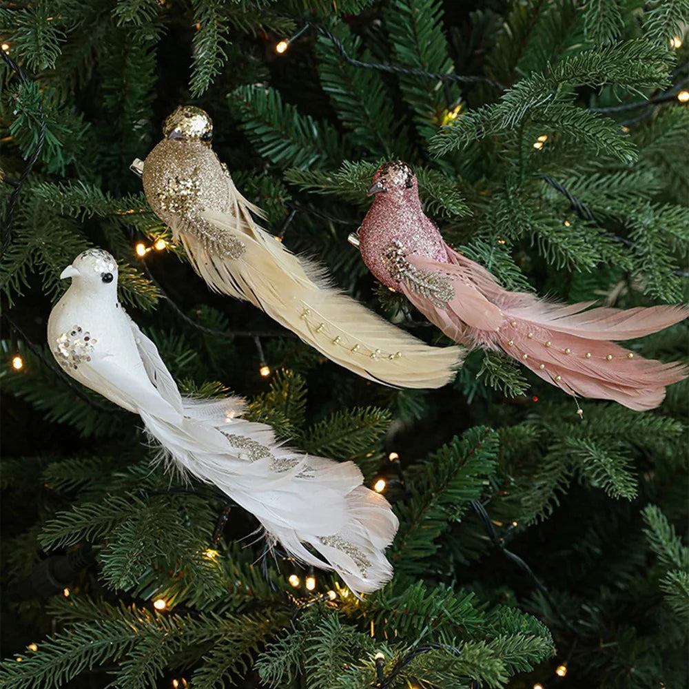 2Pcs Small Size Artificial Bird Clip Ornament for Christmas Tree Decoration Glitter Feather Bird - Gold - 7