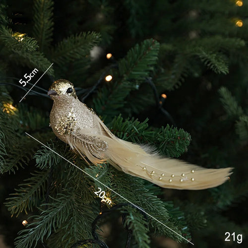 Large Size Artificial Bird Clip Ornament for Christmas Tree Decoration Glitter Feather Bird - Gold - 1