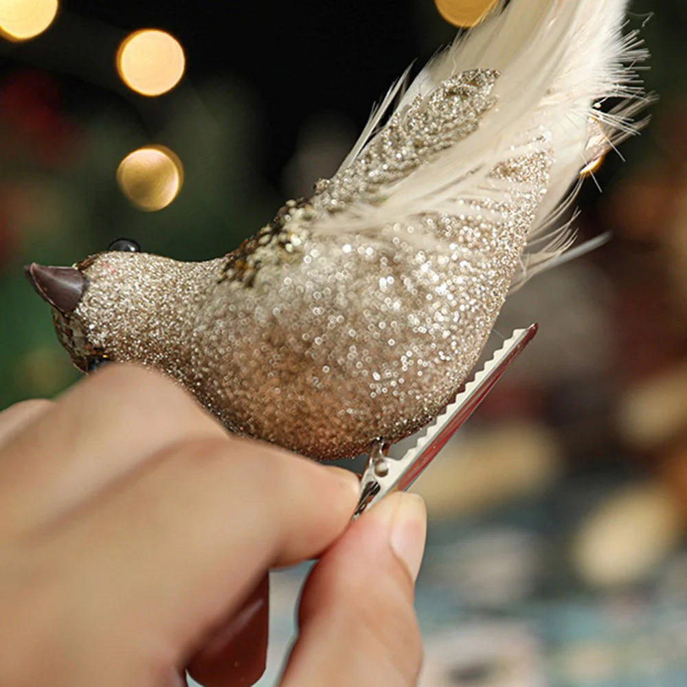 Large Size Artificial Bird Clip Ornament for Christmas Tree Decoration Glitter Feather Bird - Gold - 4
