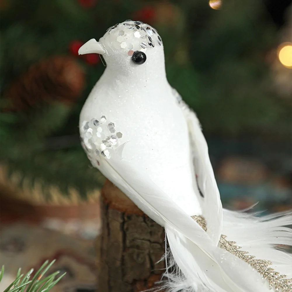 Large Size Artificial Bird Clip Ornament for Christmas Tree Decoration Glitter Feather Bird - Gold - 5