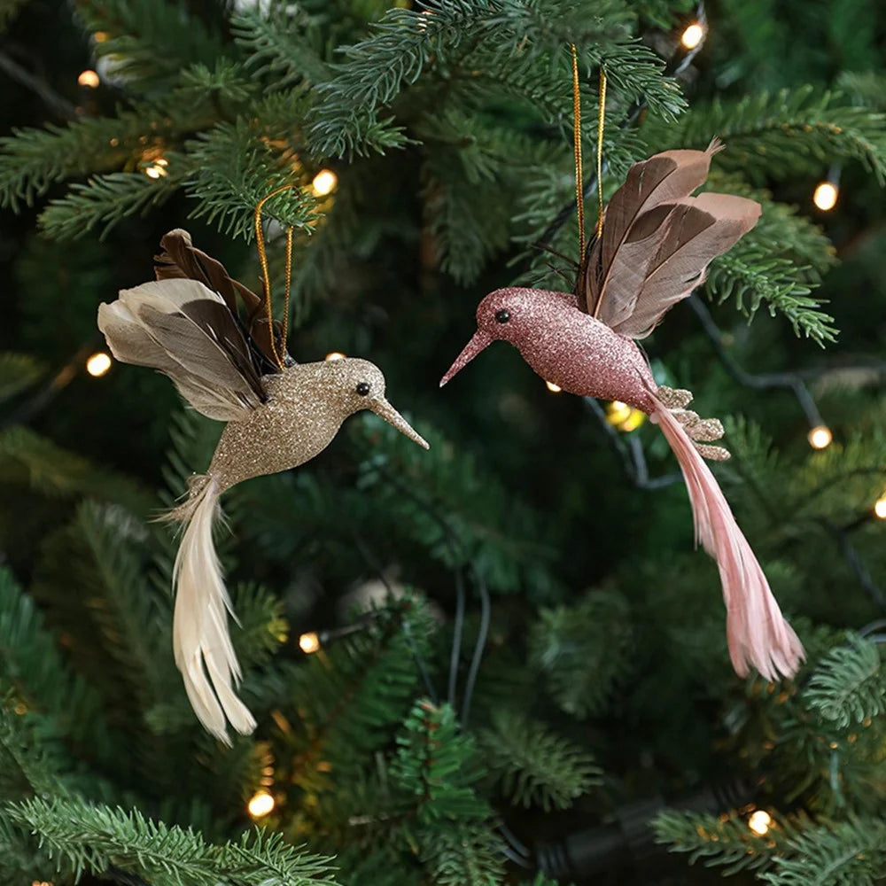 Large Size Artificial Bird Clip Ornament for Christmas Tree Decoration Glitter Feather Bird - Gold - 6