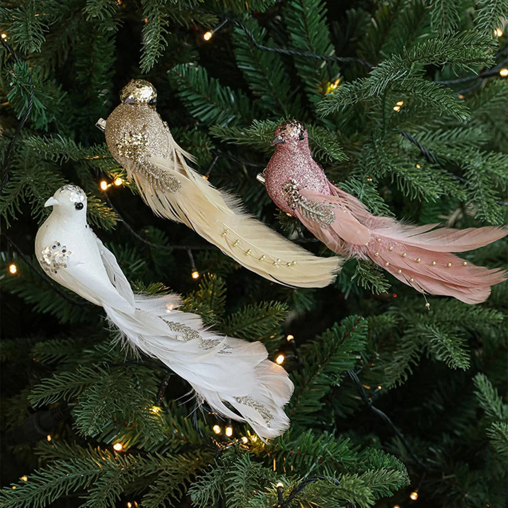 Large Size Artificial Bird Clip Ornament for Christmas Tree Decoration Glitter Feather Bird - Gold - 7