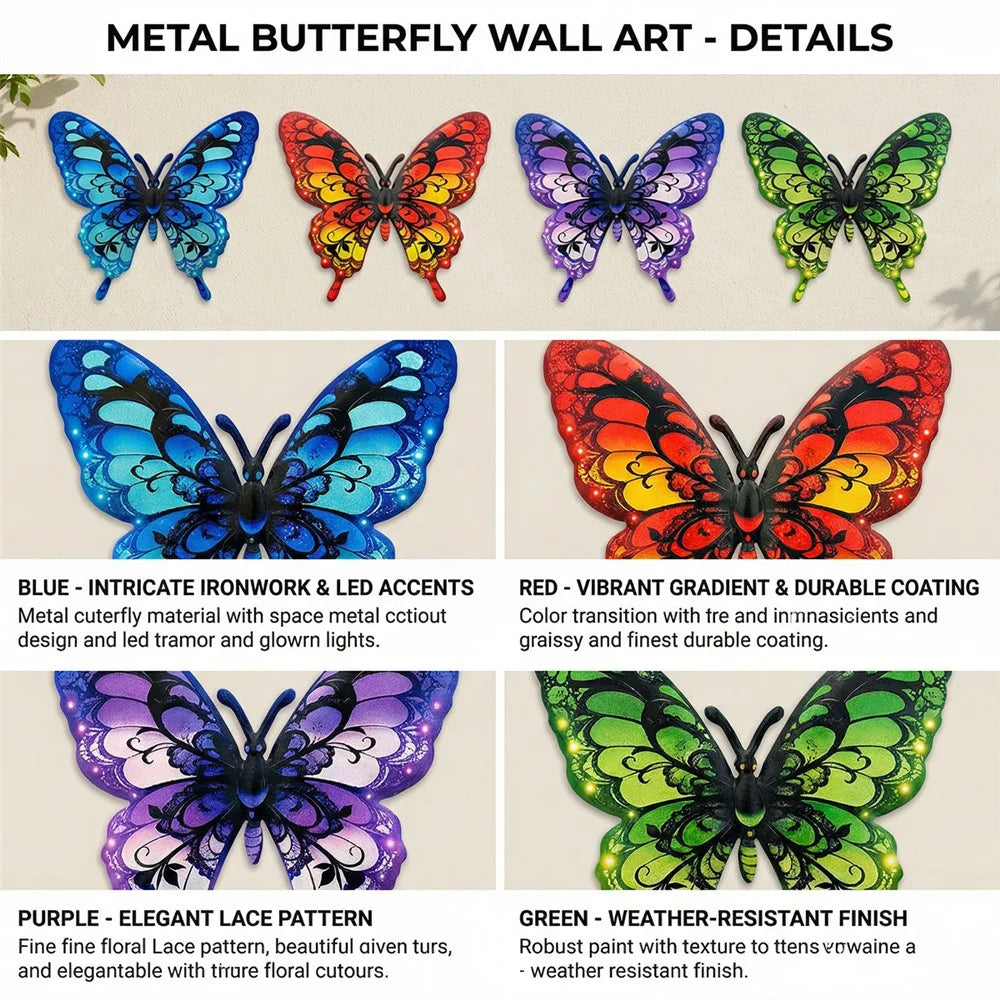 4Pcs Iron Butterfly Metal Wall Art Outdoor Garden Home Patio Decoration - Mixture - 4