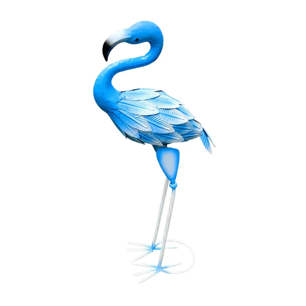 Metal Flamingo Statue Garden Bird Sculpture Lawn Decoration Ornament for Outdoor Yard - Blue / Head Down - 1