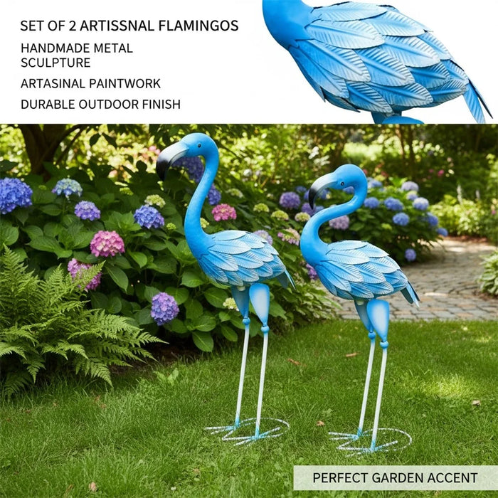 Metal Flamingo Statue Garden Bird Sculpture Lawn Decoration Ornament for Outdoor Yard - Blue / Head Down - 4