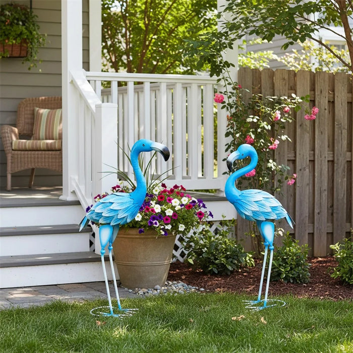 Metal Flamingo Statue Garden Bird Sculpture Lawn Decoration Ornament for Outdoor Yard - Blue / Head Down - 7
