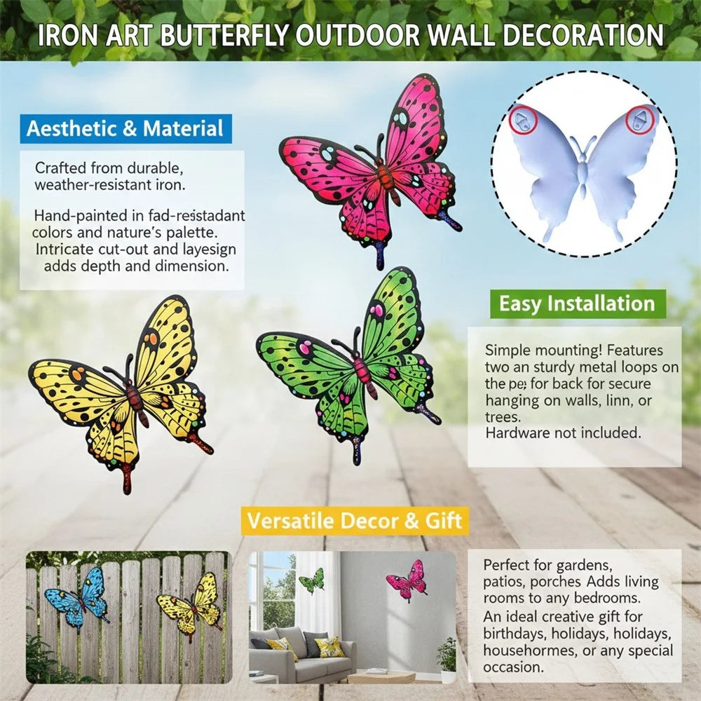 Metal Butterfly Wall Decor Iron Art Garden Patio Outdoor Indoor Decoration - Yellow - 6