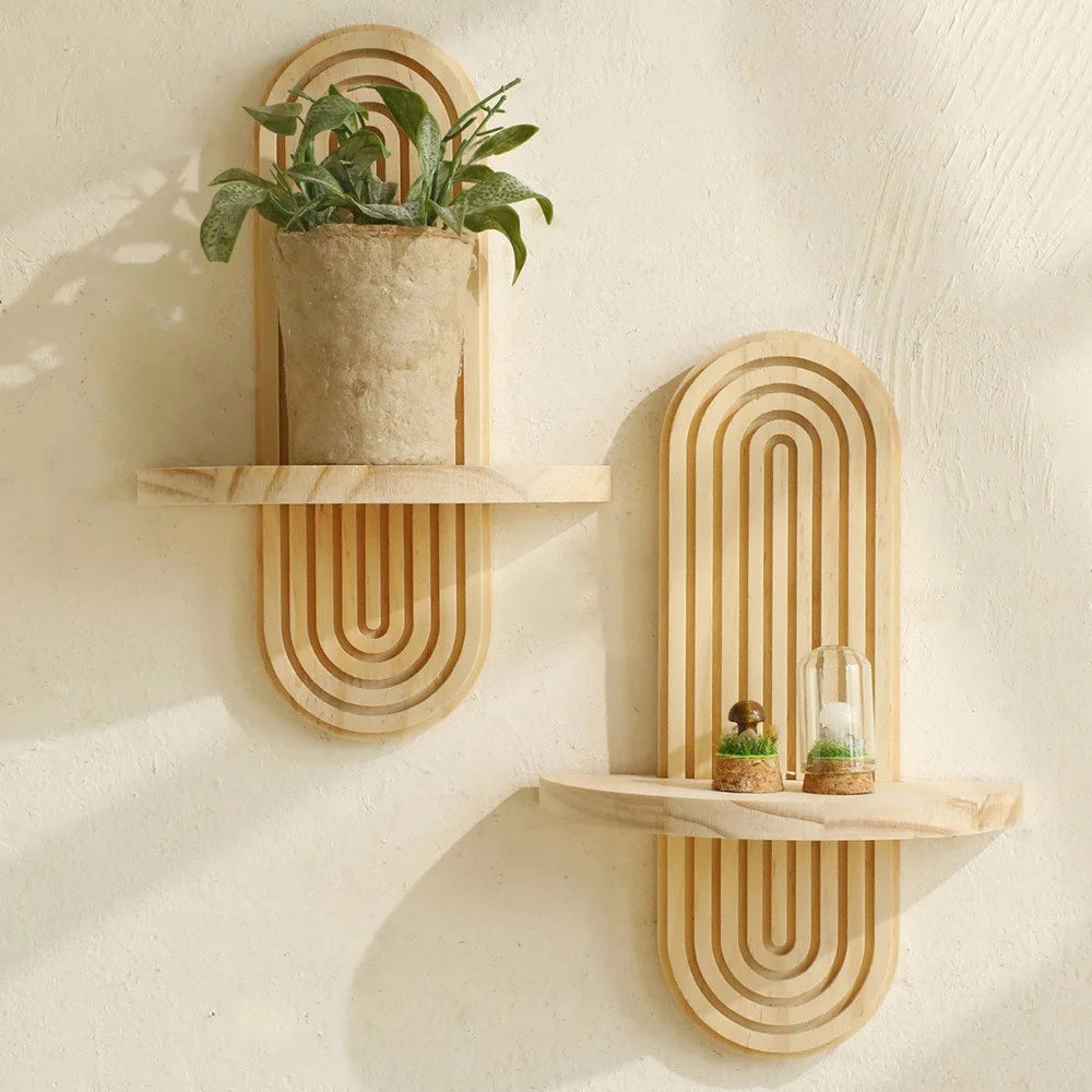2Pcs Single Layer Boho Style Wooden Wall Mounted Shelves Plant Pot Rack Home Decor - Wood Color - 1
