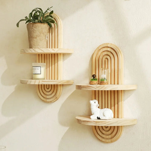 2Pcs Dual Tiers Boho Style Wooden Wall Mounted Shelves Plant Pot Rack Home Decor - Wood Color - 1